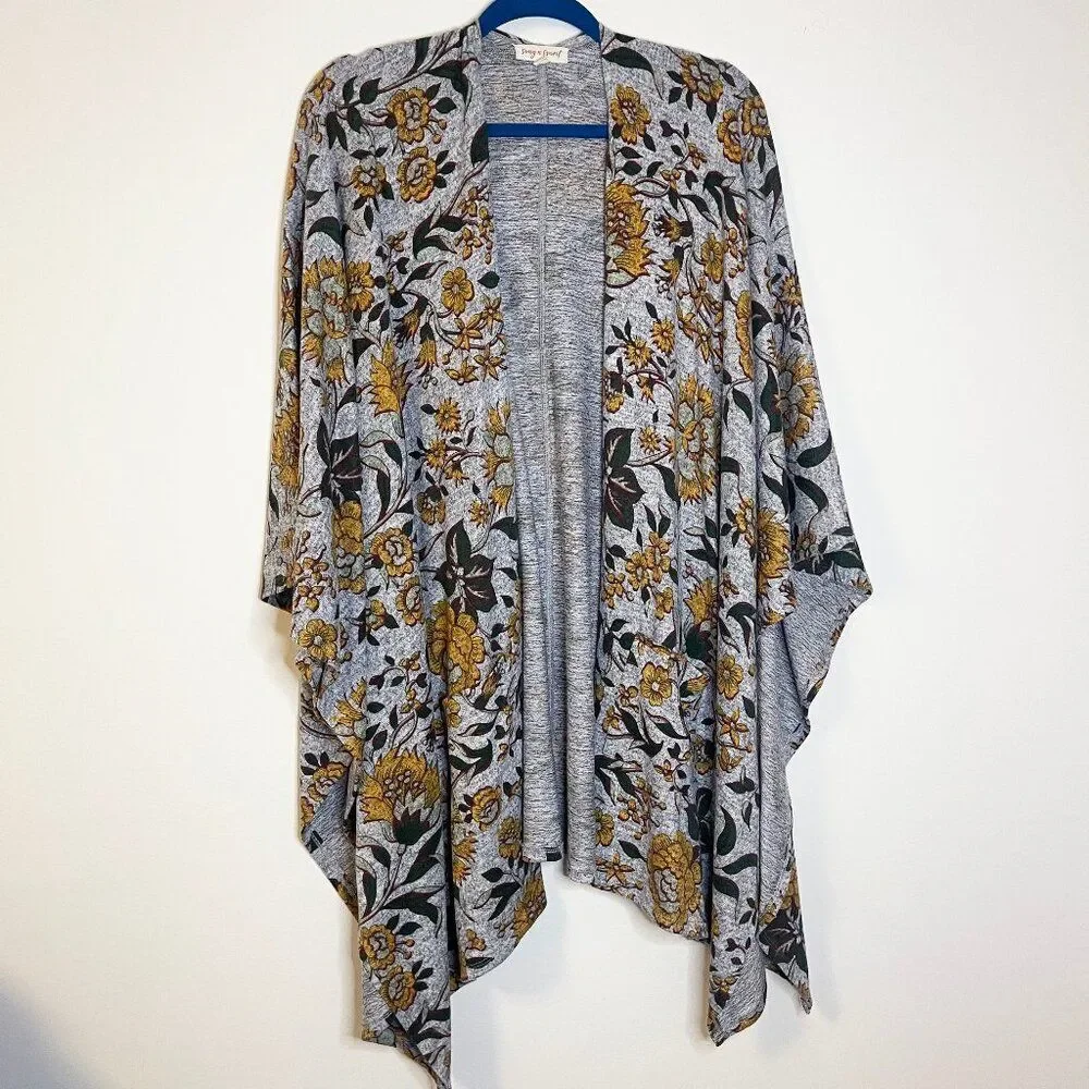 Song & Spirit Women’s Grey Yellow Green Floral Open Front Flowy Cape - One Size